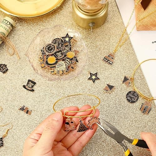 MARFOREVER 40Pcs/20 Pairs New Year Charms for Jewelry Making, New Year’s Eve Clock Hat Star Champagne Flute Glittery Enamel Pendants for Bracelet Necklace Earrings Making Accessories thumbnail 4