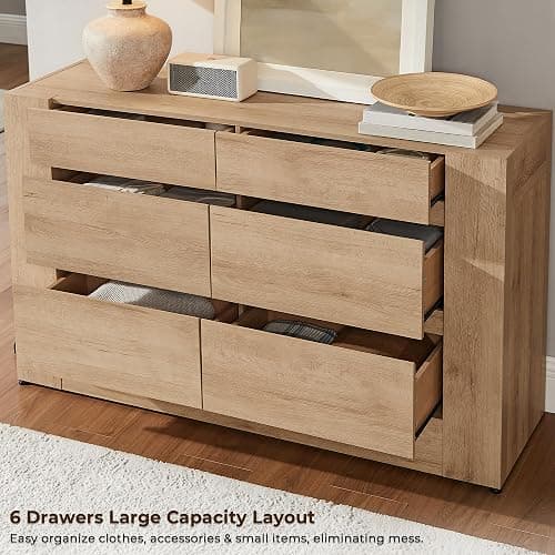 OKD Modern 6 Drawer Dresser with Handle-Free Hidden Drawers, Natural Oak | 54" Wide Bedroom Dresser, Thick Wood Design, Dressers TV Stand, Storage Organizer for Living Room thumbnail 4