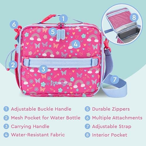 Bentgo Kids Lunch Bag - Double-Insulated, Reusable Lunch Bag for Kids 3+ with Adjustable Strap; Holds Lunch Box/Water Bottle/Snacks; Easy-Clean, Water-Resistant & Pockets (Rainbows & Butterflies) thumbnail 5