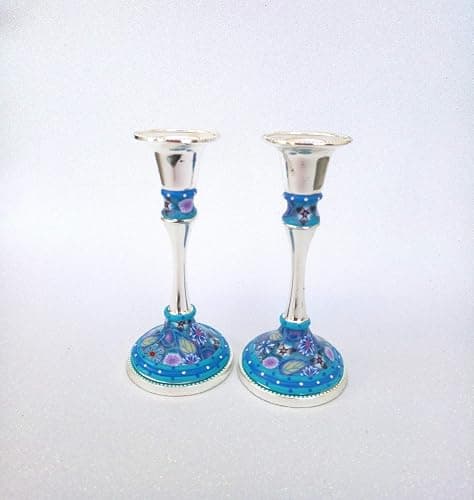 Candlesticks Holders, Handmade Shabbat Candlesticks of Nickel and Polymer Clay, Lovely Table Decoration great as Housewarming and Hostess Gift thumbnail 3