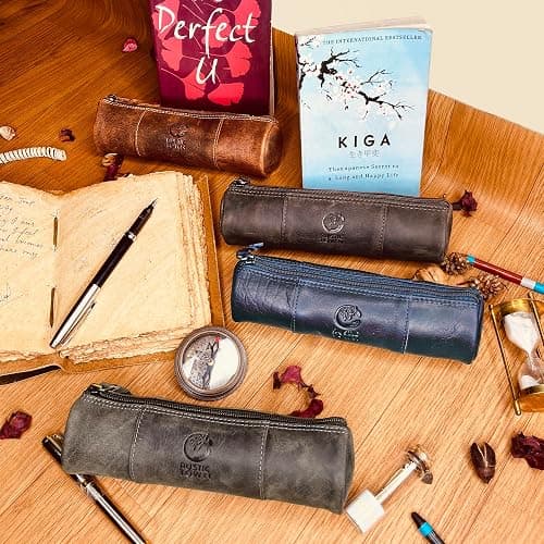 Rustic Town Leather Pencil Case - Full Grain Leather Zippered Pen Pouch - Stationery Bag Pen Holder for Work & Office thumbnail 6