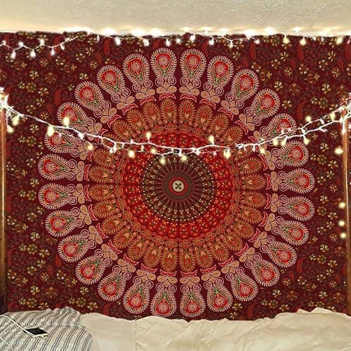 Bless International Handmade Indian hippie Bohemian Psychedelic Peacock Mandala Wall hanging College Dorm Beach Throws Table Cloth Bedding Tapestry (Maroon Yellow, Poster(30x40Inches)(76x101cms)) thumbnail 6