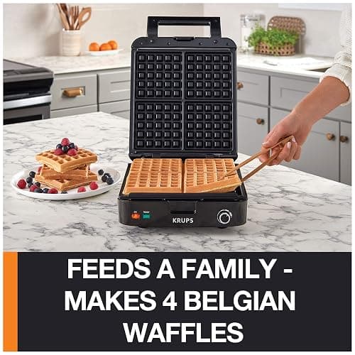 KRUPS 4-Slice Belgian Waffle Maker: Stainless Steel, 5 Browning Levels, Audible Ready Beep, Removable Plates, 1200W, Silver/Black, Large Waffle Maker Family Size, Great for Family Breakfasts thumbnail 3