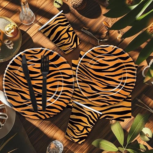 Xenorik Tiger Print Birthday Party Supplies Decorations Tableware Serves 24 | Safari Jungle Texture Theme Tiger Animal Print Party Decorations, Disposable Paper Plate, Cup, Napkin, Cutlery, Tablecloth thumbnail 7