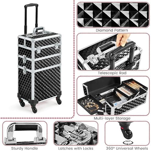 Yaheetech Rolling Makeup Train Case 3 in 1 Cosmetic Case Large Capacity Organizer with Swivel Wheels Key Cosmetic Trolley for Nail Tech Makeup - Black thumbnail 6