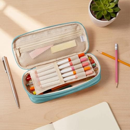 Amazon Basics Large Capacity Pencil Case with Durable Zipper, Multi-Compartment, Cyan Mild thumbnail 2