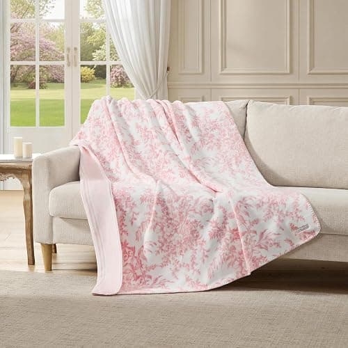 Laura Ashley - Plush Throw Blanket, 50x70, Soft and Warm with a Lightweight Feel, Reversible Floral Design with Stripe Reverse, Bedford Pink Pink thumbnail 2