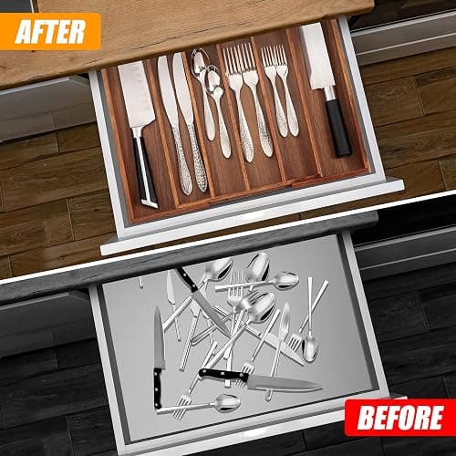 Bellsal Acacia Silverware Organizer Kitchen Drawer Organizer Expandable Bamboo Utensil Holder Cutlery Tray for Kitchen Utensil and Flatware Bedroom Office thumbnail 3