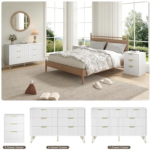 BAZELOR White Fluted 6 Drawer Dresser for Bedroom, Gold Handles, 47.2" W | Modern Wood Chest of Drawers with Scratch-Proof Metal Handles for Living Room, Hallway, Entryway thumbnail 10