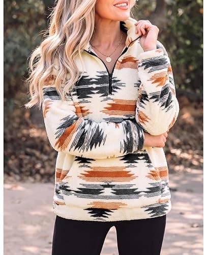 LUKYCILD Aztec Sweatshirt for Women Western Half Zip Sherpa Fleece Hoodies | Aztec Print Jacket Cowgirl Ethnic Style Sweatshirts Long Sleeve Pullover Tops with Pockets Casual Fall Winter Warm Outwear thumbnail 3