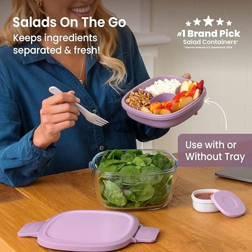 Bentgo Glass Salad Container - 7.6-Cup Salad Bowl with Airtight Lid, Leak-Proof Sauce Container, 4-Compartment Bento Tray & Reusable Fork - BPA-Free for Meal Prep, Office & More (Lavender) thumbnail 3