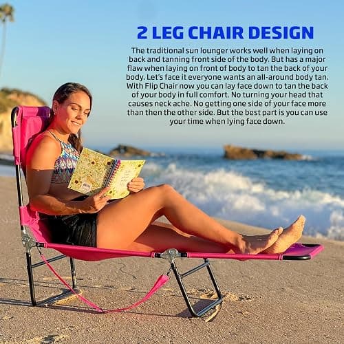 Face Down Tanning Chaise Lounge Chair - Face & Arm Holes - 2 Legs Support - Polyester Material – Backrest Positions - Head Rest Pillow - Beach or Home Use - Read and Tan - Pink Stripes Pattern thumbnail 3