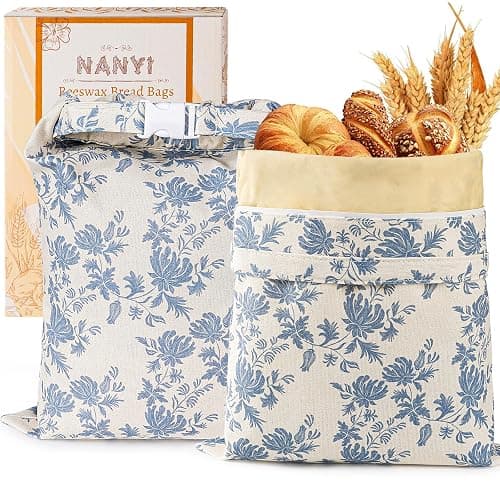 2-Pack Reusable Beeswax Bread Bags for Sourdough & Homemade Bread，Cotton Waxed Bags Keeps Fresh Longer(Navy Bloom) - Image 1