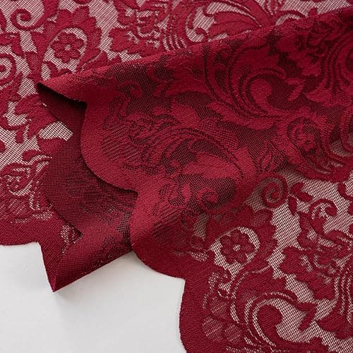 ALIGOGO Burgundy Sheer Curtains 63 Inch Length 2 Panels, Victorian Floral Red Lace Curtains for Bedroom, Embroidered Privacy Rod Pocket Scalloped Burgundy Home Décor, 52W x 63L Inch, Dark Red thumbnail 7