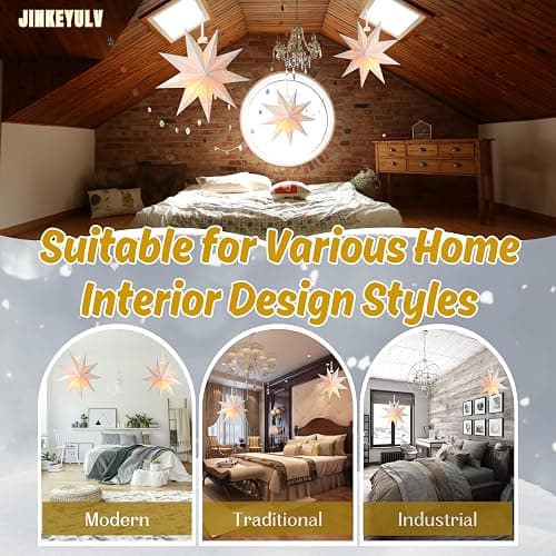 JINKEYULV Paper Star Lantern 3PCS Christmas Paper Stars Lantern 13.78 inch 9 Points Paper Star Lantern Hanging 3D Christmas Paper Star Hanging Star Foldable for Wedding Xmas White decoración navideña thumbnail 3