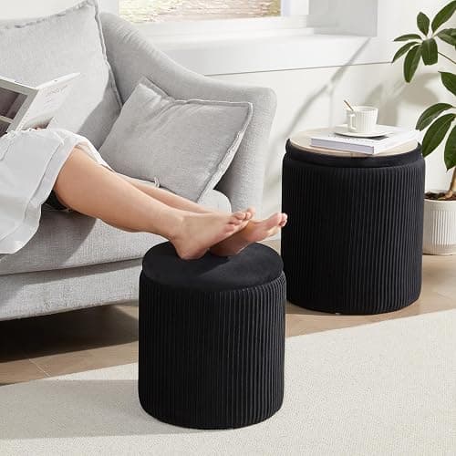 Royal Windsor Round Ottoman with Storage Set of 2,Vanity Stool with Storage for Bedroom, Ottoman Coffee Table,Small Velvet Foot Stool for Living Room, Black thumbnail 8
