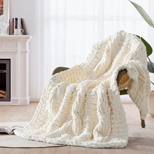 CLOUDS HUG Chunky Knit Blanket Throw - 100% Hand Knitted Chunky Soft Throw Blanket for Couch, Thick and Warm Blanket for Winter, White, 50x60 Inches thumbnail 2