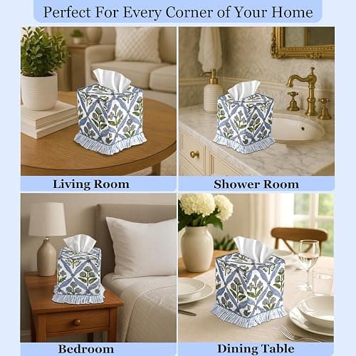 Ridhi Light Steel Blue Block Print Ruffle Tissue Box Cover Handmade Cotton Decorative Square Napkin Holder for Home Bedroom Living Room Bathroom Vanity Countertop Car Office Kitchen thumbnail 5