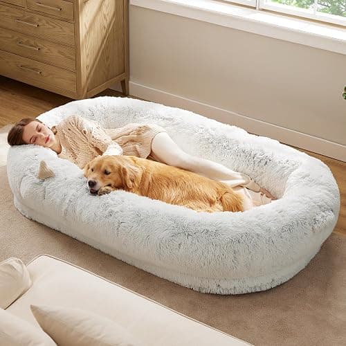 Bedsure Human Dog Bed, 71.0" x 44.0" x 12.0" Calming Giant Human Dog Bed for Adults People Fits Pet Families with Storage Pocket, Fluffy Faux Fur Orthopedic Pet Bean Bed, Frost Grey - Image 1