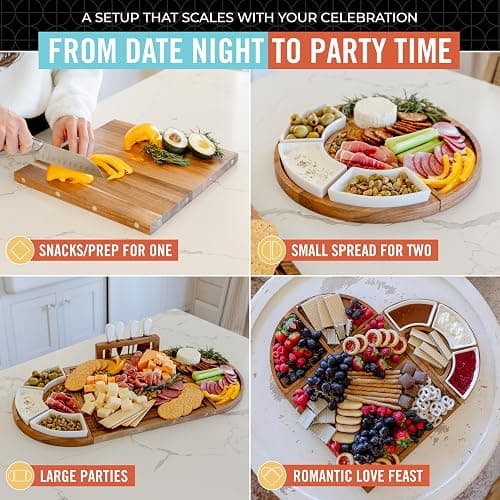 Elite Snacker Large Charcuterie Board Set, Acacia Wood, Natural Oil Finish | Magnetic 3-Piece Acacia Wood Design, Reshapes Circle Square Heart, Expands 13 to 26 In, 4 Knives, 3 Dishes, Rich Oiled Grain thumbnail 4