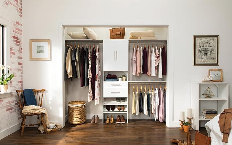 ClosetMaid SuiteSymphony Wood Closet Organizer Starter Kit Tower and 3 Hang Rods, Shelves, Adjustable, Fits Spaces 5 – 10 ft. Wide, Pure White, 25" thumbnail 11
