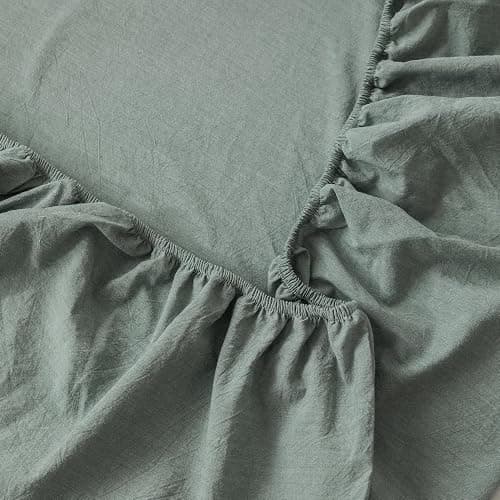 MooMee Fitted Bottom Sheet Only 100% Washed Cotton Linen Like Textured Breathable Durable Soft Comfy Deep Pocket Fits Mattress up to 17" (Heathered Green, King) thumbnail 5