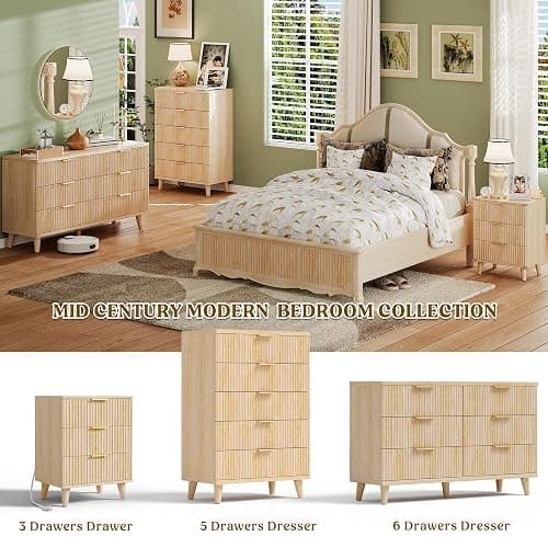Lulive Wood 3 Drawers Dresser Fluted Night Stand with Charging Station, Storage Nightstand Modern Side Table, Bedside Table for Bedroom, Entryway Natural thumbnail 5
