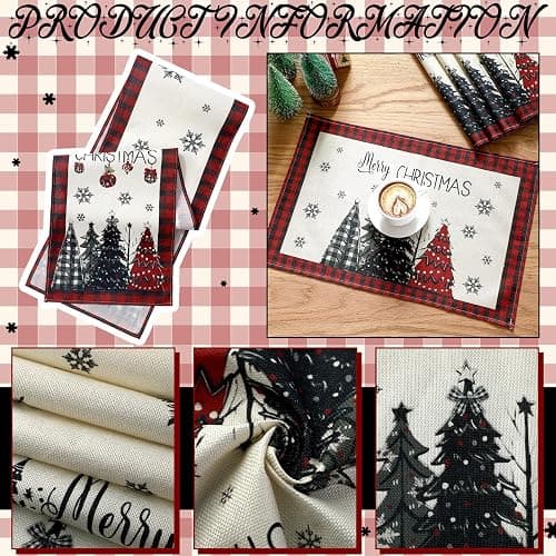 Patelai 7 Pcs Christmas Table Runner and Placemats Set Merry Christmas Buffalo Plaid Table Runner Xmas Placemats Red Black for Holiday Kitchen Dining Room Decor Party Wedding Decoration thumbnail 5