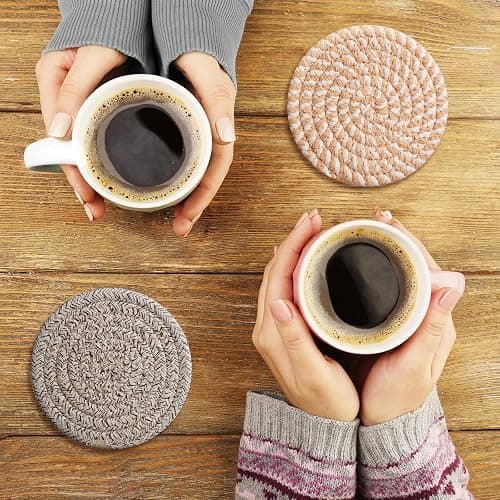 Drink Coasters with Holder, 4 Colors Absorbent Coasters, Cotton Woven Coaster Set of 8 for Table Protection, Home Decor, Housewarming Gift thumbnail 7