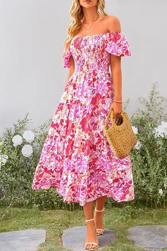 PRETTYGARDEN Women's Smocked Midi Wedding Guest Dress | Puff Short Sleeve, Square Neck A Line, Tiered Ruffle Hem, Long Dresses, Beach Vacation, Cocktail Party, Summer Outfits thumbnail 4