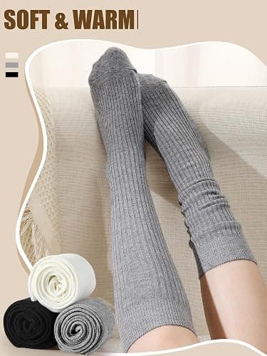 Shihanee 3 Pairs Winter Women Knee High Socks Long Ribbed Knit Slouchy Boot Socks Warm Gifts for Women Girls thumbnail 2