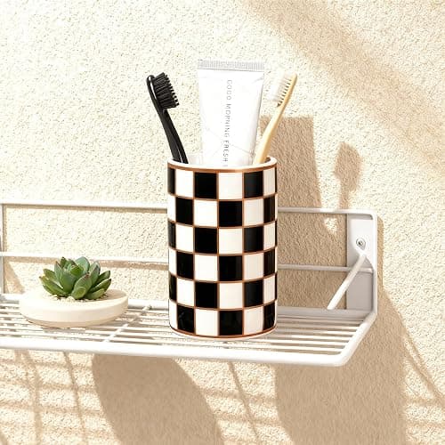 Checkered Bathroom Toothbrush Holder, Bathroom Black and White Ceramic Toothbrush Holder, Modern Toothbrush Box, Used for Bathroom countertop Storage Rack, Checkered Bathroom Decoration (Black) thumbnail 7