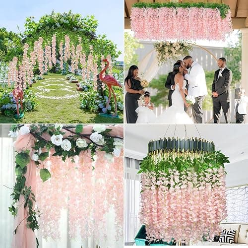 Wisteria Hanging Flowers 12 Pack Artificial Flowers Fake Wisteria Vine Rattan Hanging Garland Silk Flowers String for Party Home Wall Greenery Wedding Decor (Light Pink) thumbnail 5