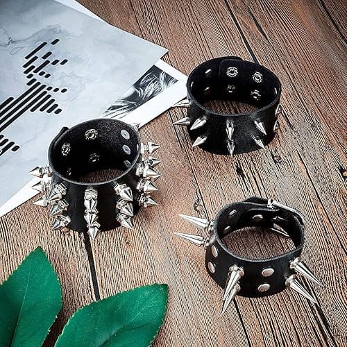 Hicarer 6 Pcs Spiked Studded Bracelets Punk Leather Rivets Bracelet Cuff for Men Women Halloween Accessories - Classic Style thumbnail 7