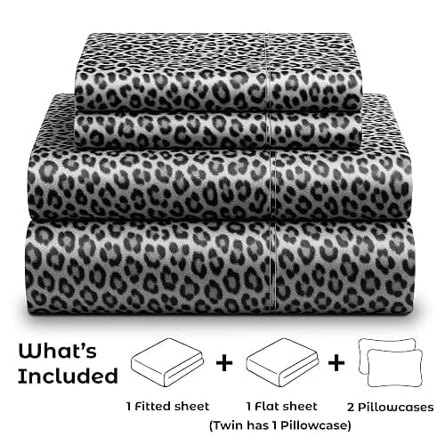 Satin Sheets Queen [4-Piece, Silver Leopard] Hotel Luxury Silky Bed Sheets - Extra Soft 1800 Microfiber Sheet Set, Wrinkle, Fade, Stain Resistant - Deep Pocket Fitted Sheet, Flat Sheet, Pillow Cases | Extra Soft, Hotel Luxury, Silky Bed Sheets, Deep Pocket, Wrinkle, Fade, Fitted Sheet, Flat Sheet, Pillow Cases thumbnail 4