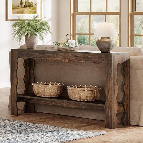 Tribesigns 63 Inch Entryway Table, Modern Rustic Entry Table with Scalloped Edge & Storage Shelf, Accent Narrow Long Sofa Table Behind Couch Console Tables for Entryway, Living Room, Dark Brown thumbnail 7