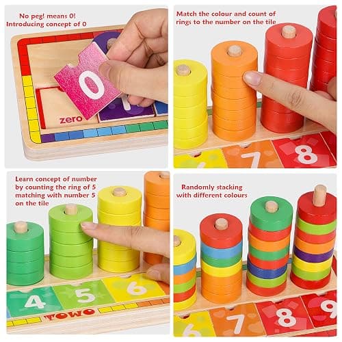 TOWO Wooden Stacking Rings and Counting Games with 45 Rings Number Blocks- Counting Ring Stacker-Wooden Sorting Counting Toy for 3 Years Old Kids Maths Learning Montessori Materials thumbnail 3