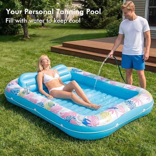 Tanning Pool Lounger Float, OKSUWATER 87" x 63" Pool Floats Adult with Headrest & Drink Holder, Blow-Up Bed Sun Tan Tub for Sunbathing, Beach, Backyard, Outdoor, Summer Water Party (Blue-XL) thumbnail 3