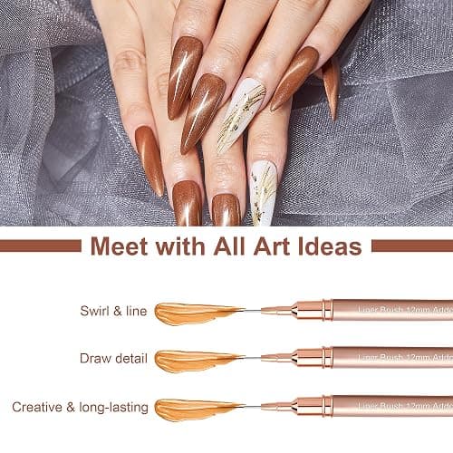 Artdone Metallic Nail Art Pens, Liner Brushes Set, 5PCS Copper Color Nail Tools For Long Lines, Thin Details, Fine Drawing, Liner Brush UV Gel Polish Painting Nail Design Sizes 5/8/12/20/25mm thumbnail 5