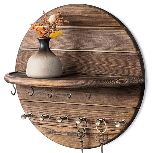 Rebee Vision Pine Wood Key Holder Wall Mount – Rustic Wooden Key Hooks for Wall with Shelf – Decorative Mail Organizer, Coat Rack & Dog Leash Holder for Home Decor, Entryway and Living Room (Brown) - Image 1