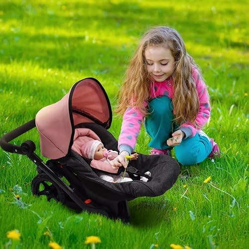Baby Doll Convertible Travel Stroller for Girls Toddler Play Toy Car Seat Two in One Foldable Carriage for Kids with Diaper Bag Pretend Play Stroller for Doll thumbnail 8