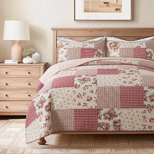 SLPR Country Roses Patchwork Cotton Pieced Quilt Set - Twin Size with 1 Sham, French Country Style Floral Bedding, Red Rose Farmhouse Quilted Bedspread with Flower Pattern - Image 1