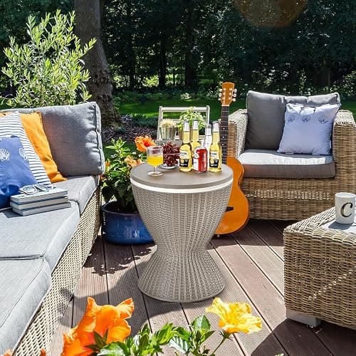 Byroce Outdoor Cooler Side Table, Patio Bar Table w/ 8 Gallon Beer & Wine Cooler, Rattan Style Pool Side & Hot Tub Table, All-Weather Cocktail Table for Parties, Backyard, Deck - Light Coffee thumbnail 4