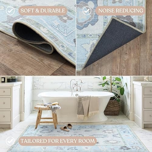 Fame Living Cream Blue Oushak Rug, Modern, Vintage, Turkish, Eclectic, Floral, Pastel, Washable, Area Rugs for Living Room, Dining, Bedroom, Office, Entryway, Foyer, Playroom, Nursery, 5'x6'9" thumbnail 5
