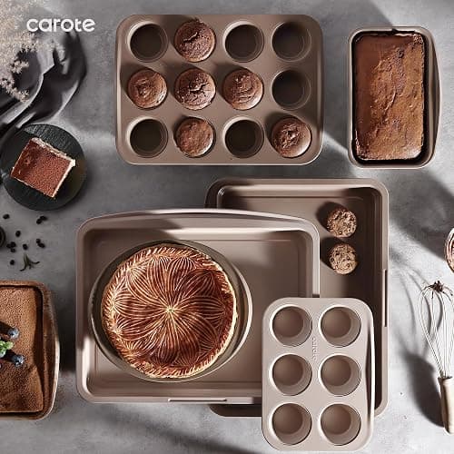 CAROTE 7-Piece Nonstick Stackable Baking Pans Set - Bakeware Sets Including Cookie Sheets for Baking, Muffin Pan, Bread Pan, Cake pan, Loaf Pan, Roasting Pan, Gray & Khaki thumbnail 2
