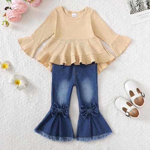 Kucnuzki Toddler Baby Girls Clothes Long Sleeve Shirt Top Flare Denim Jeans Cute Outfit Baby Girl Fall Winter Clothes thumbnail 2