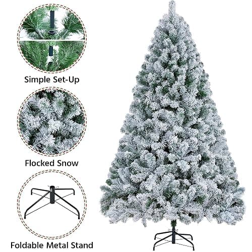 Yaheetech 6ft Premium Snow Flocked Artificial Christmas Tree Hinged Pine Full Holiday Xmas Tree for Home Office Party Decoration with 820 Branch Snow Tips and Metal Stand thumbnail 4