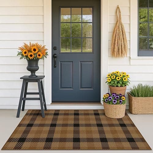 Easy Jute Brown Checkered 3x5 Entryway Rugs - Dark Plaid Rug Indoor Door Mats for Entrance, Front Porch, Outdoor Balcony, Kitchen Floor, Washable Non Slip Earthy Rustic Neutral Décor thumbnail 9