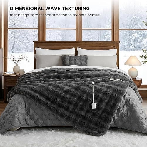 SMRISS Faux Rabbit Fur Bubble Heated Throw Blanket,Darkgrey,50"x62" | Certified by ETL/UL,FCC,OEKO-TEX,12 Heat Levels,5 Time Settings(Up to 8H) Auto-Off,Overheat Protection,Machine Washable thumbnail 7