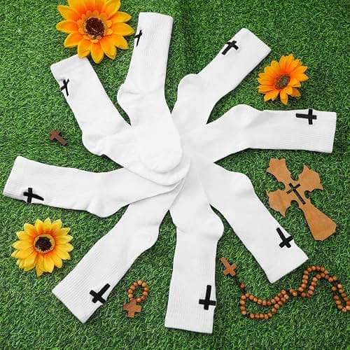 Yearntown 6 Pairs Embroidered Cross Socks Christian Gifts Ideas Religious Catholic Jesus Sock Novelty Funny Crew Cross Socks for Men Women thumbnail 3